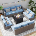 Wisteria Lane Patio Furniture Set for All Wheather, 11 Pieces Wicker Outdoor Furniture Set with Washable Cushions & Fire Pit Table, Oversized Outdoor Sectional for Garden, Poolside, Backyard, Blue