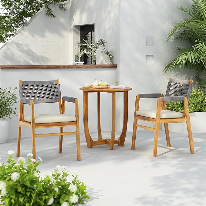 Christopher Knight Home Zed 3 Pieces Outdoor Dining Set, Acacia Wood Dining Chairs and Table, Slats Panel Design Round Table, Wooden Frame, 2 Seater Bistro Set for Balcony Backyard Garden, Teak+Grey