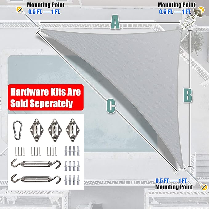 Amgo Custom Size 13' x 23' x 26.4' Grey Right Triangle Sun Shade Sail Order to Make Canopy Awning UPF50+ AGSLT, 95% UV Blockage, Water & Air Permeable, 200GSM Commercial Standard (We Customize)