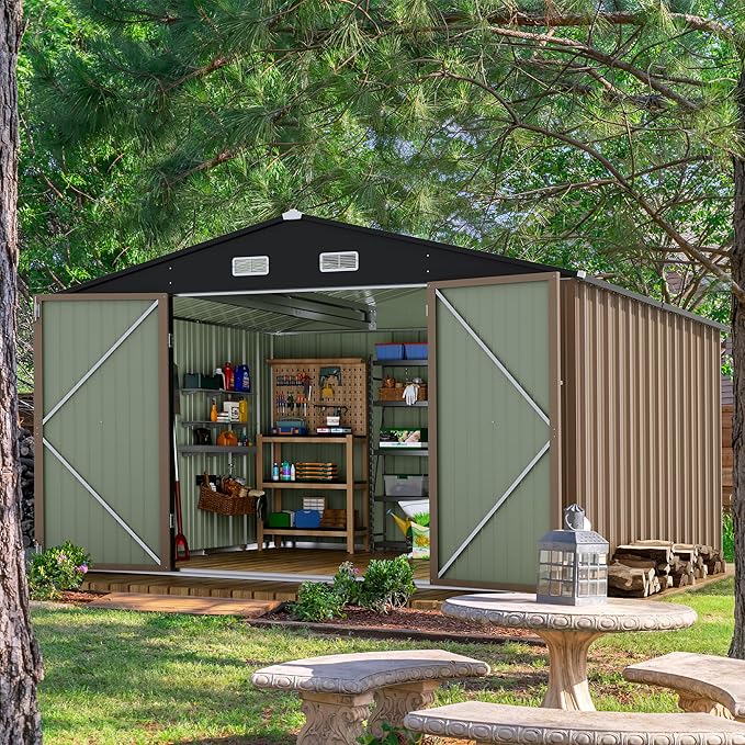 Devoko 10 x 10 FT Outdoor Storage Shed, Metal Garden Sheds & Outdoor Storage Clearance, Large Tool Shed Outdoor with Single Lockable Door for Patio Lawn Backyard (Brown)