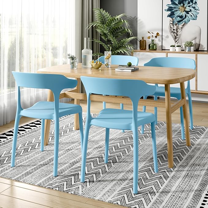 VECELO 4 Pack Plastic Stacking Chairs, Stackable Dining Chairs for Kitchen Restaurant Patio, Portable Indoor Outdoor Use, No Assembly Required, Blue