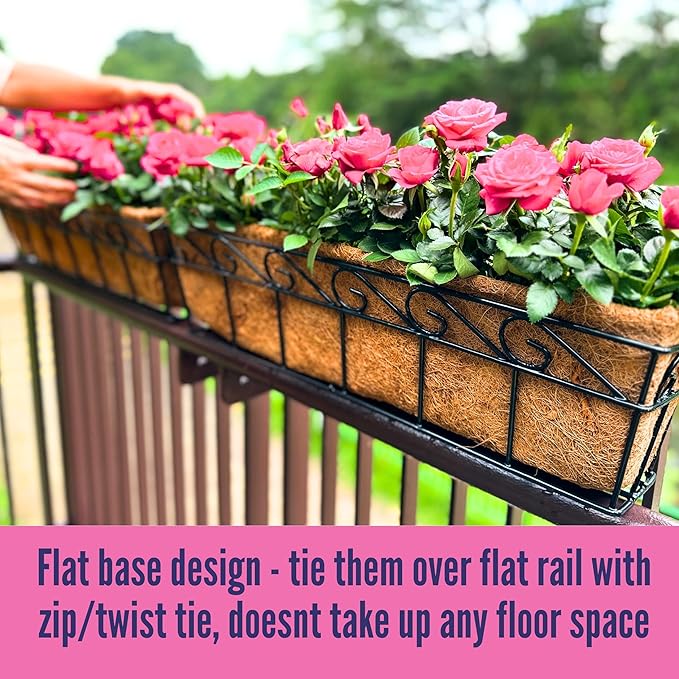 LaLaGreen Wall Mounted Planters - 24 Inch, 4 Pack Window Flower Boxes Basket Outdoor, Balcony Planter Over The Rail, Deck Railing Hanging with Coco Liners, Metal Horse Troughs Fence Patio Porch