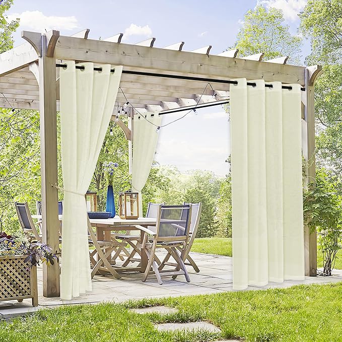 RYB HOME Sheer Curtains Outdoor - Linen Look Translucent Drapes Waterproof, Light Filtering Quick Dry Sheers for Exterior Patio Porch Wedding, 54" Wide by 96" Long, 2 Panels, Light Beige