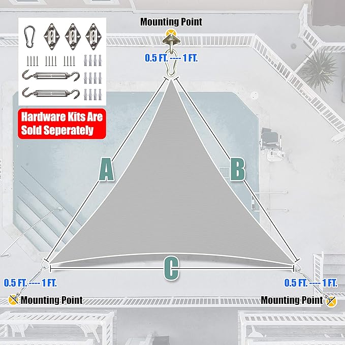 Amgo 28' x 28' x 28' Grey Triangle Sun Shade Sail Outdoor Canopy Awning UPF50+ AGTAPRT12, 95% UV Blockage, Water & Air Permeable, Commercial Standard Heavy Duty (We Make Custom Size)