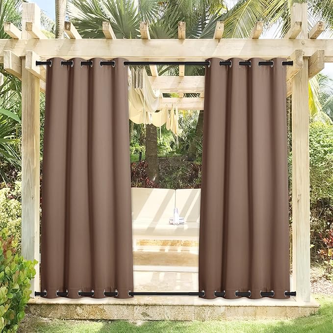 NICETOWN 2 Panels Outdoor Curtains for Patio Waterproof Top and Bottom Grommet, Thermal Insulated Rustproof Blackout Outdoor Drapes, Windproof & Keep Privacy, W52 x L95, Tan-Khaki