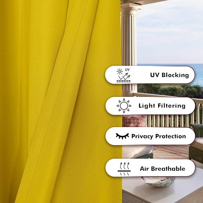 BONZER Waterproof Outdoor Curtains for Patio Porch Pergola Cabana Light Filtering Privacy Grommet Indoor Curtain Panels for Bedroom Living Room, 1 Panel, 54W x 120L inch, Yellow