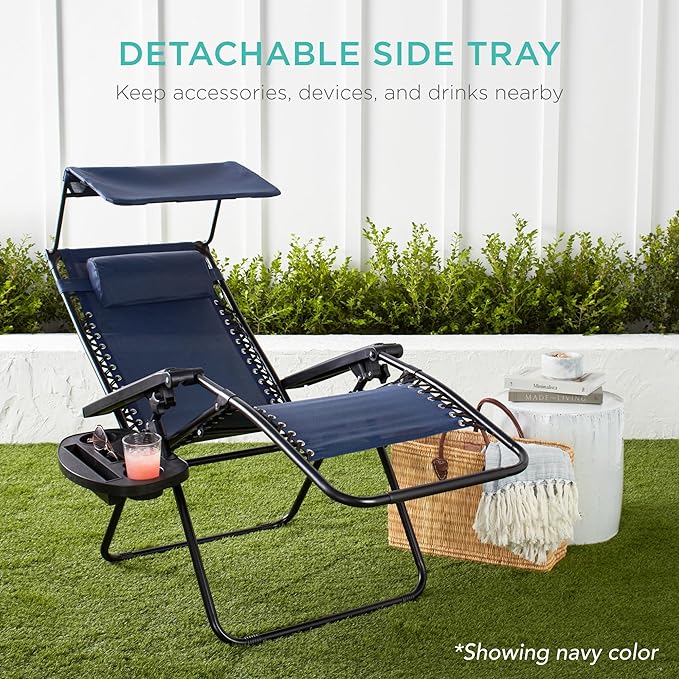 Best Choice Products Folding Zero Gravity Outdoor Recliner Patio Lounge Chair w/Adjustable Canopy Shade, Headrest, Side Accessory Tray, Textilene Mesh - Amethyst