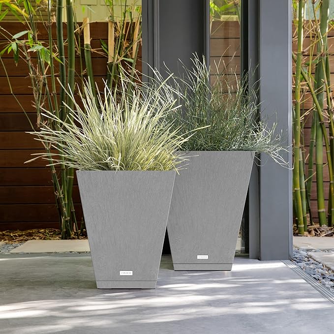 Veradek Nobleton Indoor/Outdoor Wide Square Planter (Light Grey, 18 inch - 2 Pack with 2 Saucer Trays)