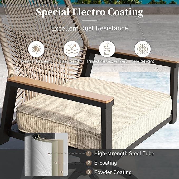 Patio Dining Set 7 Piece, 6 x Woven Rattan Swivel Chairs with Waterproof Cushion, 59" Rectangular Metal Dining Table with Umbrella Hole, Outdoor Table and Chairs Set for Backyard Lawn and Deck, Beige