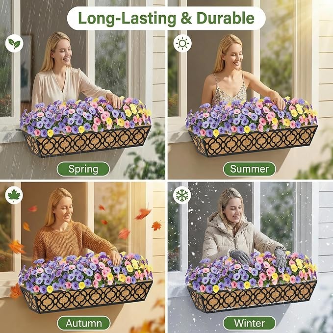 Y&M 4pcs 30" Horse Trough Window Boxes with Coconut Coir Liner, Black Metal Hanging Flower Planter Deck Railing Planter Boxes for Outdoor Indoor