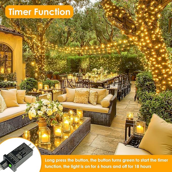 33Ft 100LED Fairy Lights Plug in, Waterproof String Lights Outdoor & Indoor 8 Modes with Timer, Christmas Light Bedroom Decor, Twinkle Light for Girl's Room Garden Christmas Decorations (Warm White)