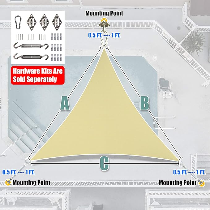 Amgo 24' x 24' x 24' Beige Triangle Sun Shade Sail UPF50+ Canopy Awning AGSLT, 95% UV Blockage, Water & Air Permeable, 200GSM Heavy Duty Commercial and Residential (We Make Custom Sizes)
