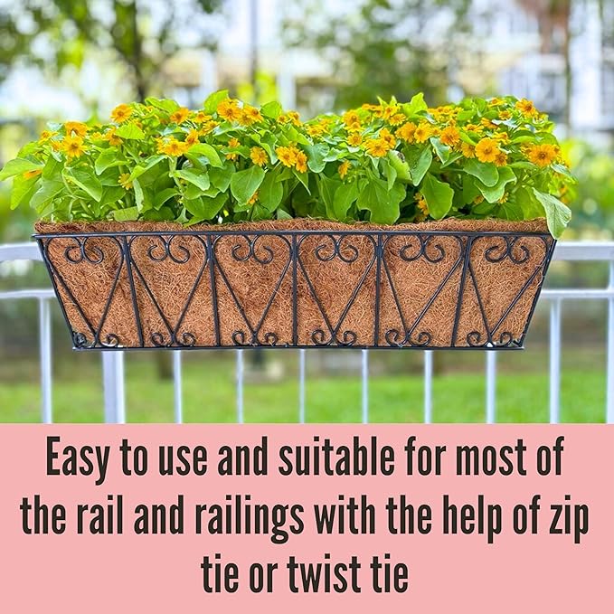 LaLaGreen Wall Planter - 4 Pack, 30 Inch Large Black Window Flower Basket Boxes Outdoor Attach House, Rectangular Deck Railing Hanging Pot with Coco Liner Over Rail Fence Balcony Patio Porch