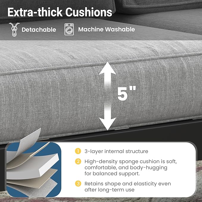 Solaste Aluminum Outdoor Patio Furniture Set, 4 Seats Patio Sectional Sofa with 5" Thick Cushion, Outdoor Patio Set with Coffee Table for Porch, Backyard, Deck, Yard, Light Grey