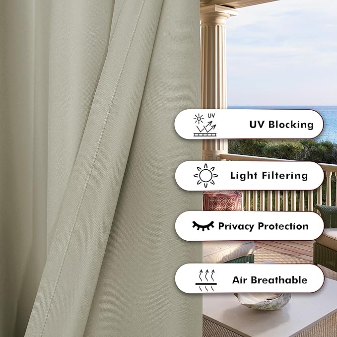 BONZER Wide Waterproof Outdoor Curtains for Patio Heavy Privacy Light Filtering Grommet Outside Curtains for Porch, Pergola, Gazebo, 1 Panel, 110W x 120L inch, Taupe