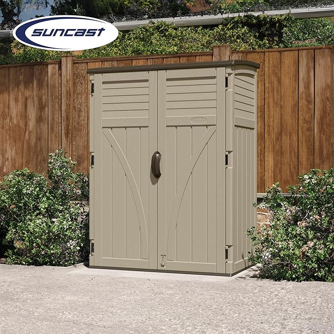 Suncast Outdoor Storage Shed, Water Resistant Resin Vertical Outdoor Storage Cabinet for Patio, Garden Tools, Cushions, & Equipment, Weatherproof Multi-Wall Design, 54 cu. ft., Made in USA