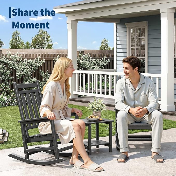 HDPE Rocking Chair Outdoor Set of 2 with Side Table - Poly High Back Porch Rocker Chairs for Adults - All Weather Resistant Furniture for Patio Front Porch - Black