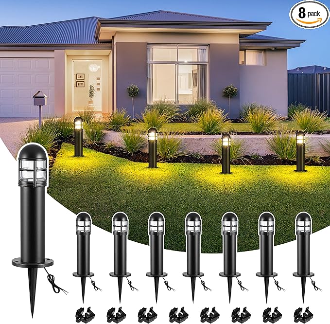 8 Pack LED Low Voltage Bollard Pathway Lights, 12V 200LM IP67 Waterproof Landscape Lighting for Garden, Driveway, Festive Outdoor Decor, 2700K Warm White