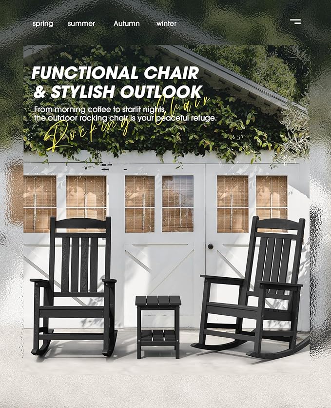 KINGYES Outdoor Rocking Chair Set of 2, High Density Polyethylene Patio Rocking Chairs with 330lbs Support for Adults, Black