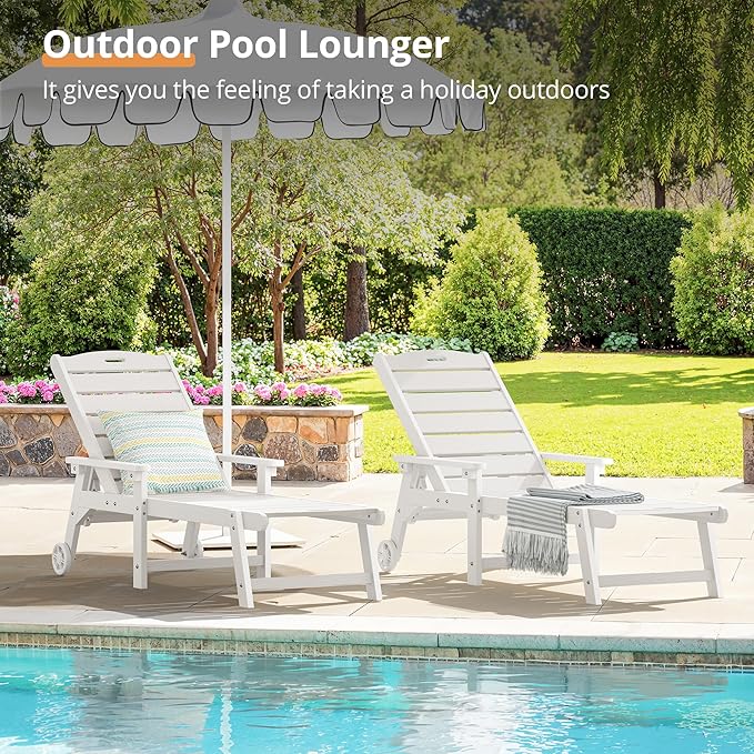 LUE BONA Outdoor Chaise Lounge Chairs Set of 4, HDPS Chaise Lounger, 5 Positions Adjustable Lounge Chairs, Pool Lounge Chair with Wheels for Poolside, White