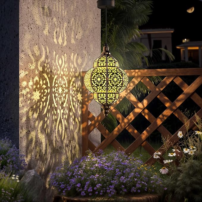 Hanging Solar Lights Outdoor Garden Decor Solar Lantern Waterproof Plastic Moroccan Outdoor Decorations for Patio Pathway Yard Backyard Garden Decorative (2 Pack, Bronze)