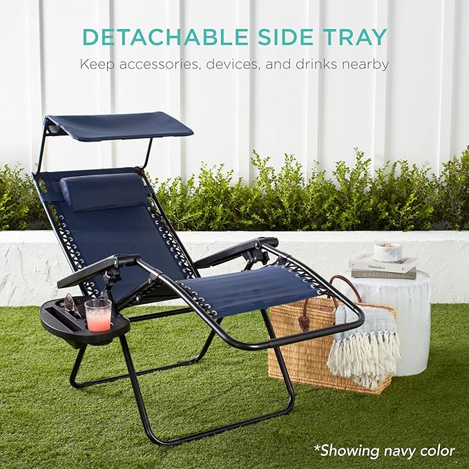 Best Choice Products Folding Zero Gravity Outdoor Recliner Patio Lounge Chair w/Adjustable Canopy Shade, Headrest, Side Accessory Tray, Textilene Mesh - Peacock Blue
