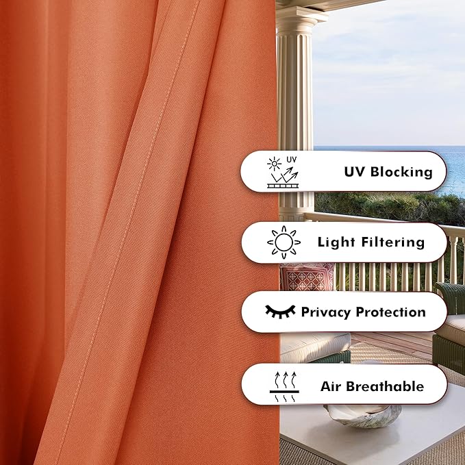 BONZER Outdoor Curtains for Patio Water Resistant Heavy Privacy Light Filtering Grommet Outside Curtains for Porch, Pergola, Gazebo, 1 Panel, 84W x 95L inch, Mecca Orange