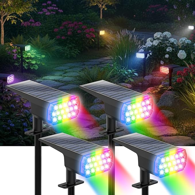 Solar Lights Outdoor Waterproof, LED Solar Spot Lights Outdoor, 7 Color Changing Solar Spotlights, Multicolor RGB Dusk-to-Dawn Uplights for Garden Landscape, Yard, IP65, Auto On/Off
