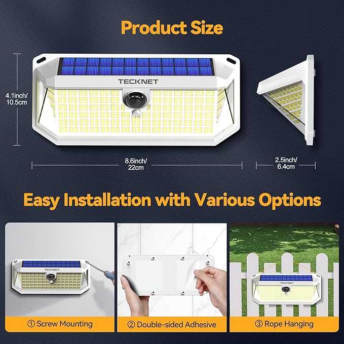 TECKNET 461 LED Solar Powered Outdoor Lights, 270° Angle & 3 Lighting Modes Motion Sensor Light Outdoor, Security Solar Lights Waterproof - 2 Pack, White, Cold Light