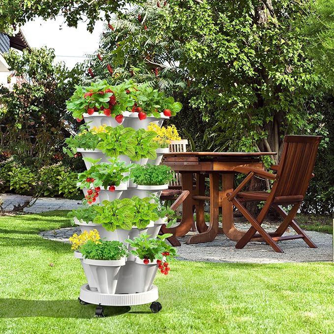 7 Tiered Strawberry Vertical Planter 2 Pack, Stackable Tower Garden Planter Herb Garden Planter with Movable Casters and Bottom Saucer Indoor and Outdoor - Black