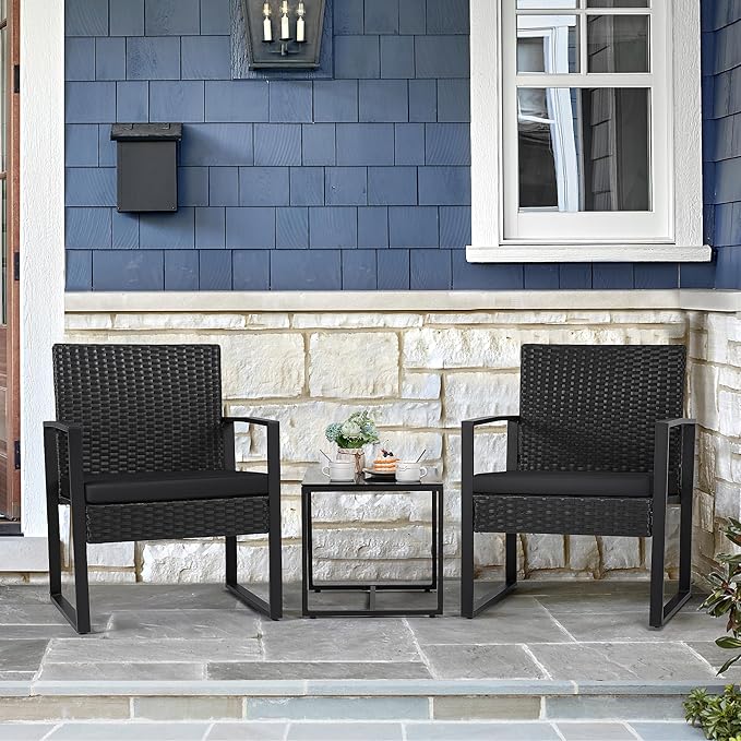Flamaker 3 Pieces Outdoor Patio Wicker Furniture Set, Modern Rattan Chair Conversation Sets with Coffee Table for Yard and Bistro (Black)
