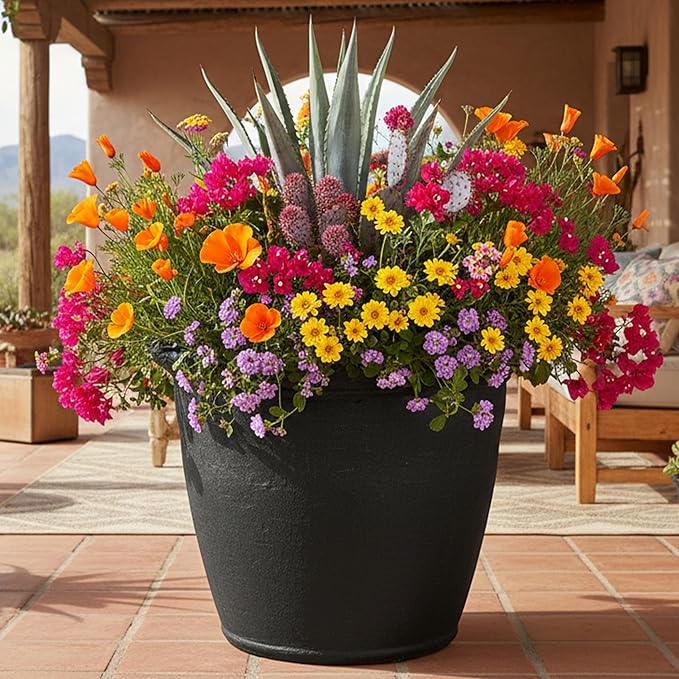 Sunnydaze 24-Inch Anjelica Large Plastic Pot for Plants - Outdoor Double-Walled Large Plastic Planter with Drillable Drainage Holes - Matte Black - 2pk