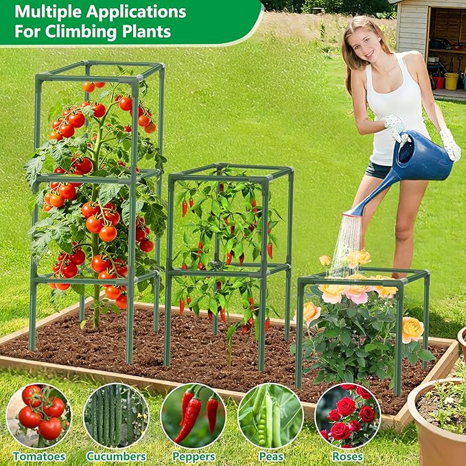 3 Pack Square Tomato Cages, 49'' Tall Heavy Duty Steel Tomato Trellis Kit for Garden, Plant Support Tower Stakes Cucumber Pepper Trellis for Climbing Vegetable Flowers