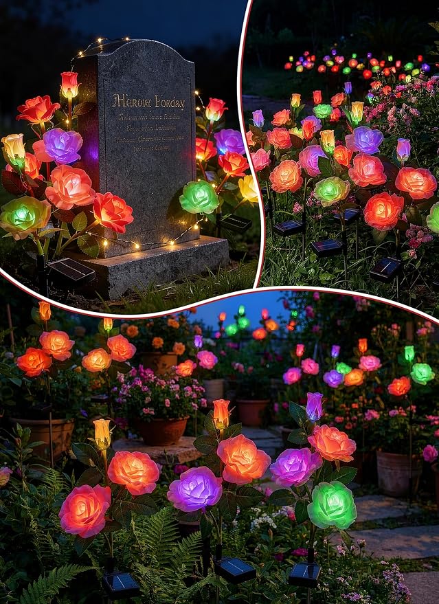 Brightown Outdoor Solar Flower Lights, 4 Pack 7-Color Changing Solar Garden Lights with Larger & More Realistic Rose, Bigger Solar Panel, Waterproof Solar Lights for Yard Garden Lawn Pathway Decor