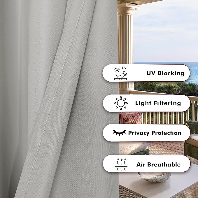 BONZER Outdoor Curtains for Patio Waterproof Thick Privacy Grommet Light Filtering Outside Curtains for Porch Pergola Gazebo Deck, 1 Panel, 54W x 84L inch, Silver