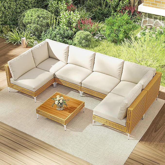 Outsunny 7 Piece Wicker Patio Furniture Set, Modular Outdoor Sectional with Thickened Cushions, Rattan Outdoor Furniture Conversation Set with Slatted Acacia Wood Table for Backyard, Khaki/Beige