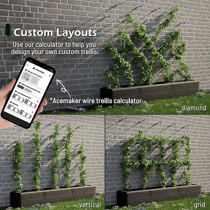 Wire Trellis for Climbing Plants Outdoor, 12-Set Wall Wire Trellis Kit with 1/8in x 53ft Stainless Steel Cable, T316 Espalier System for Fence and Garden DIY Projects