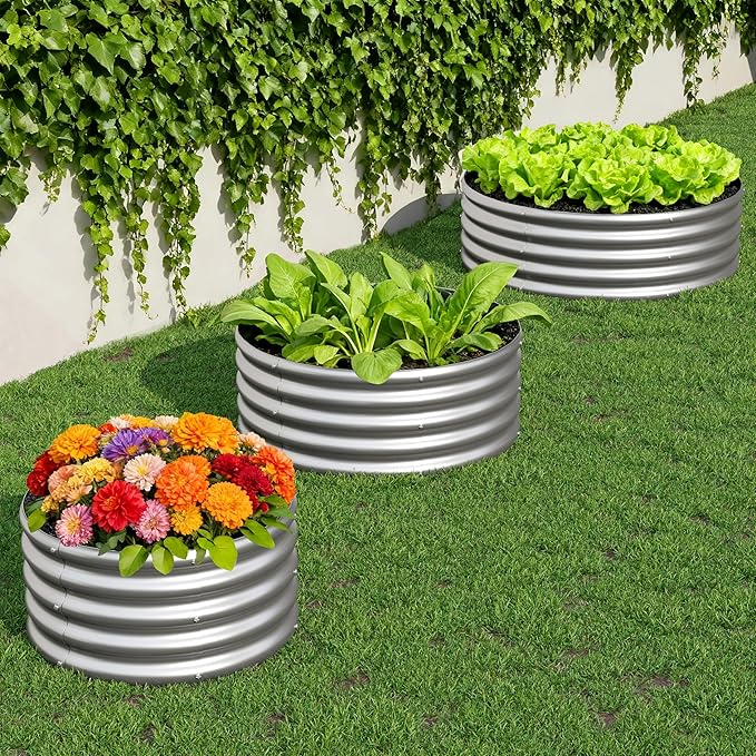 2PCS 2x2x1FT Galvanized Raised Garden Bed Kit,Vegetable Boxes-Round Metal Flower Box,Large Planter Raised Beds Outdoor Garden for Planting,Fruit,Herb-Silver