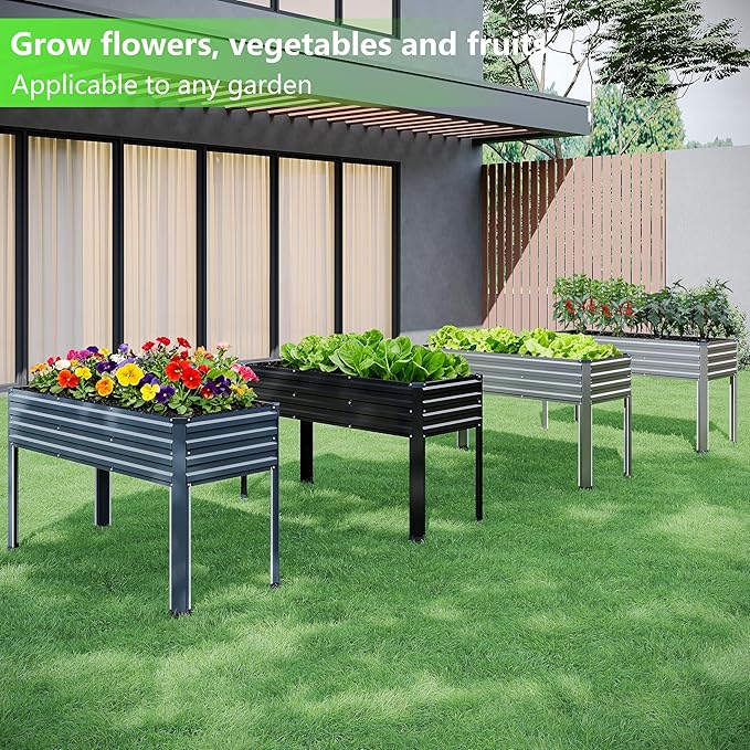 MGNO 2PCS Galvanized Raised Garden Bed Outdoor with Legs,48×18×32in Metal Elevated Raised Planter Box for Backyard, Patio, Balcony, 300lb Capacity,Black